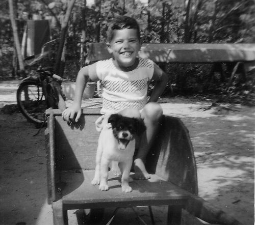 Doc and Sparky in a wheelbarrow