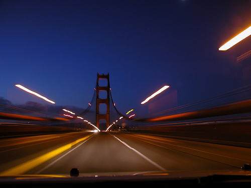 Golden Gate bridge at dawn, southbound